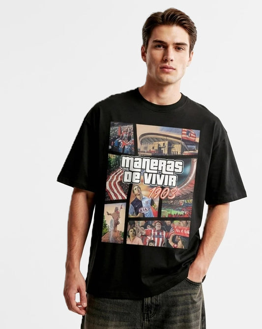 Camiseta GTA: Maneras de Vivir negra puesta, estudio