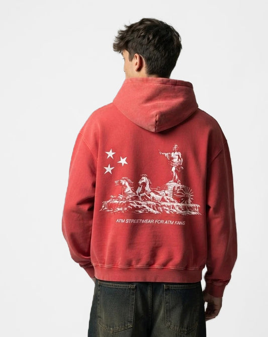 Sudadera con capucha lavada Neptuno Classic roja puesta, estudio