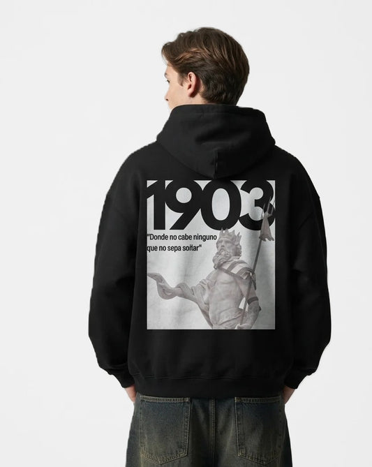Sudadera con capucha Neptuno negra puesta, estudio