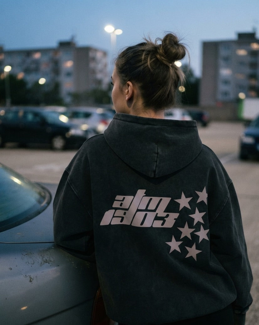 Sudadera con cremallera 7 Stars gris lavado puesta, aficionado